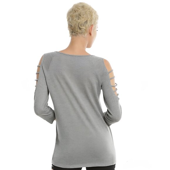 Hot Topic ✦ Skull & Roses Cold Shoulder Pullover ✦ Heather Gray Alt-Glam NWT M - Picture 2 of 4